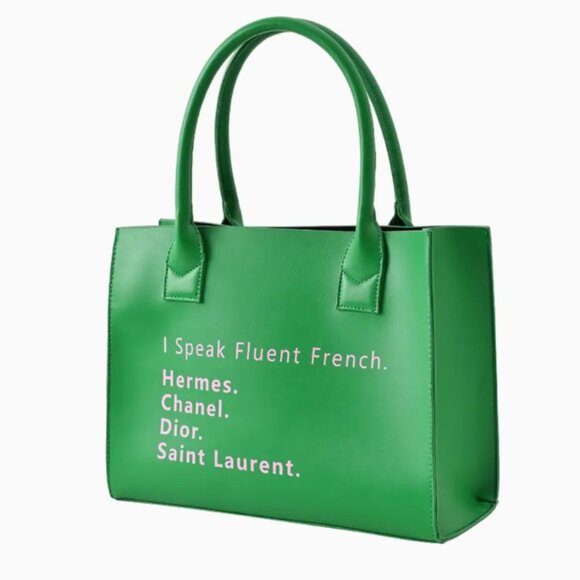 I Speak Fluent French Message Tote Shoulder Bag (pink or green) - Picture 2 of 2